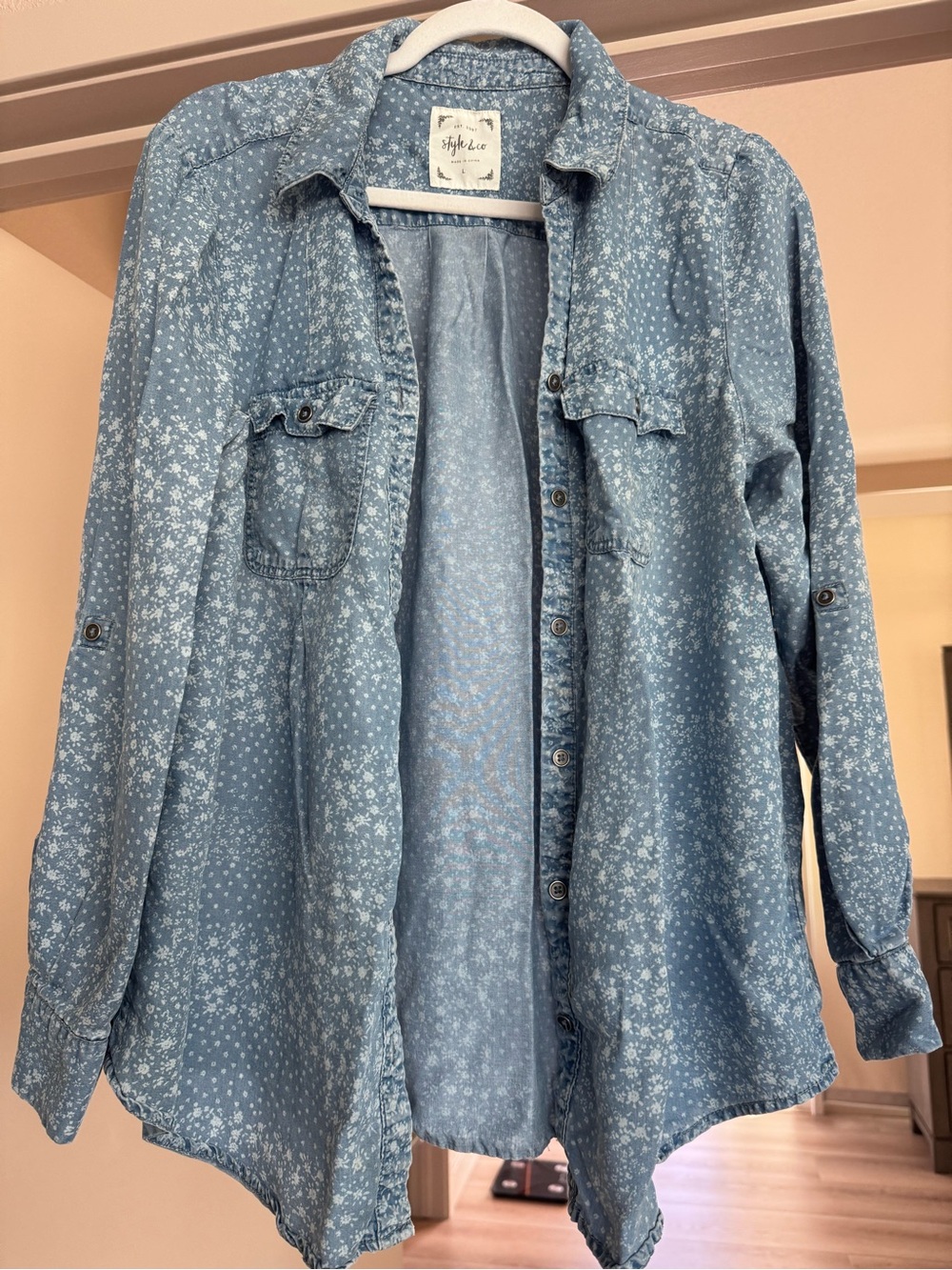 Style & Co. Light Blue Floral Denim-Style Button Shirt